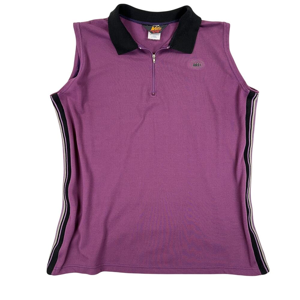 REI VTG Cycling Jersey Sleeveless 1/4 Zip Womens L Purple Pique Black Stripe